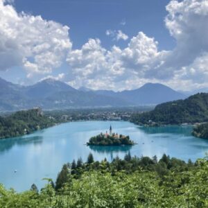 Trans Slovenian ebike tour view of lake Bled